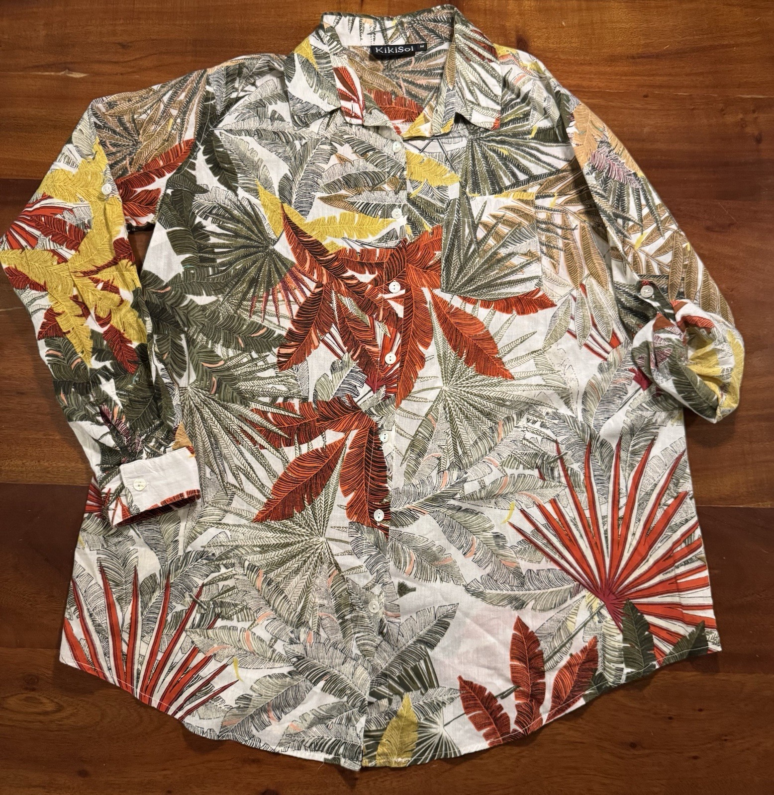 KikiSol Desert Palm Women’s Boyfriend Roll Tab Sleeve Button Up Tunic Shirt Sz M