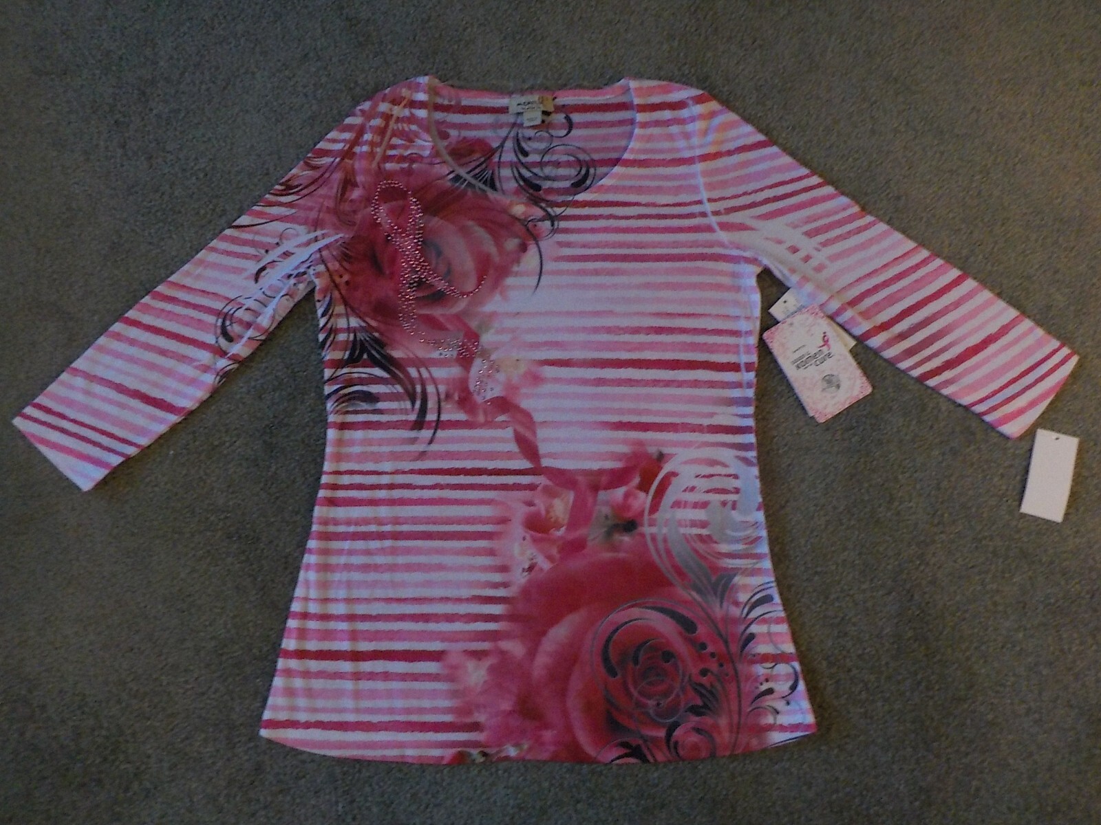 Misses Knit Top, Breast Cancer Theme, Pink & White, 3/4 Sleeve, Embellished, Sm.