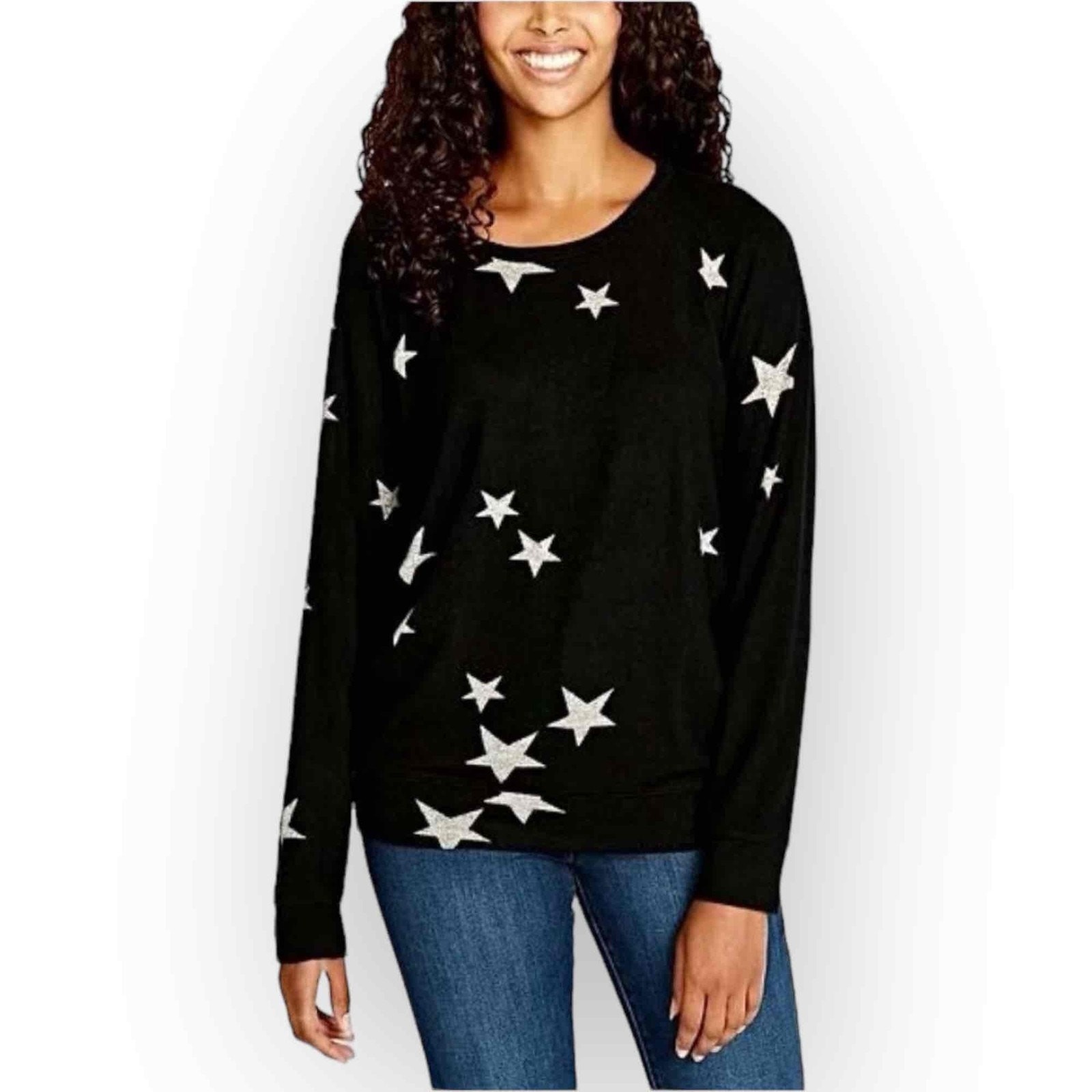 Buffalo David Bitton Womens Long Sleeve Top with Grey Stars – Black – 465XS