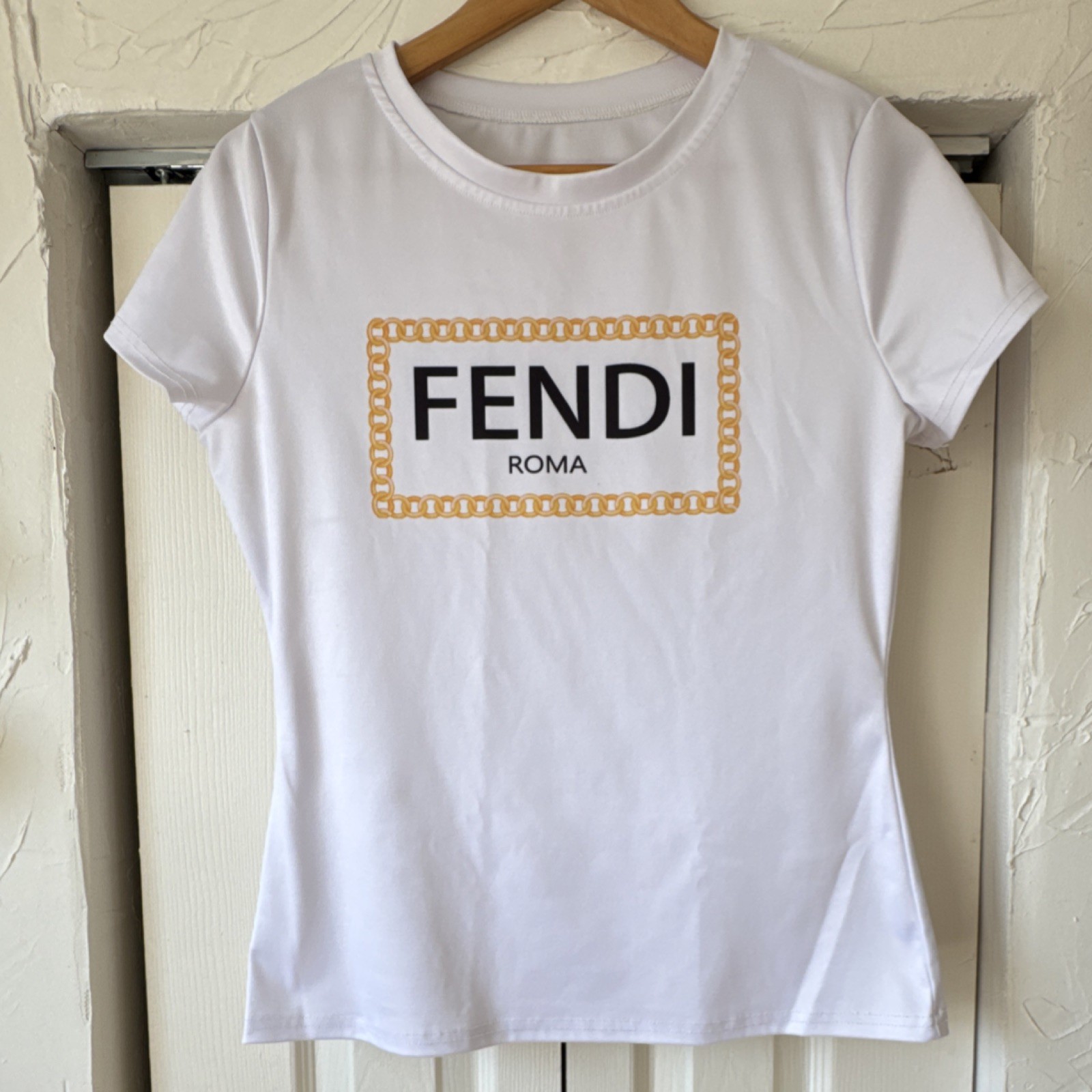 Women’s White Chain Print T-Shirt 95% Polyester Short Sleeve