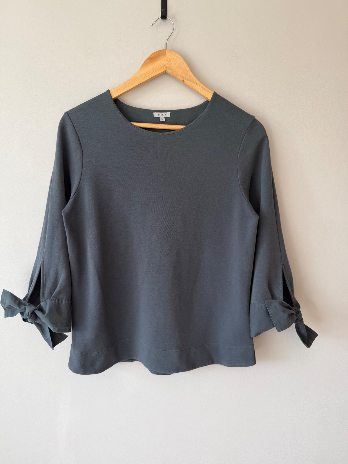 Jigsaw Grey Top Tie-Bow Cuff Split Sleeve Blouse Size M Cotton Blend