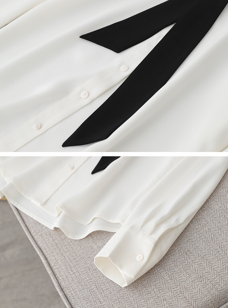 Womens Formal Black Bow Tie Long Sleeve OL White Blouse Shirt Top
