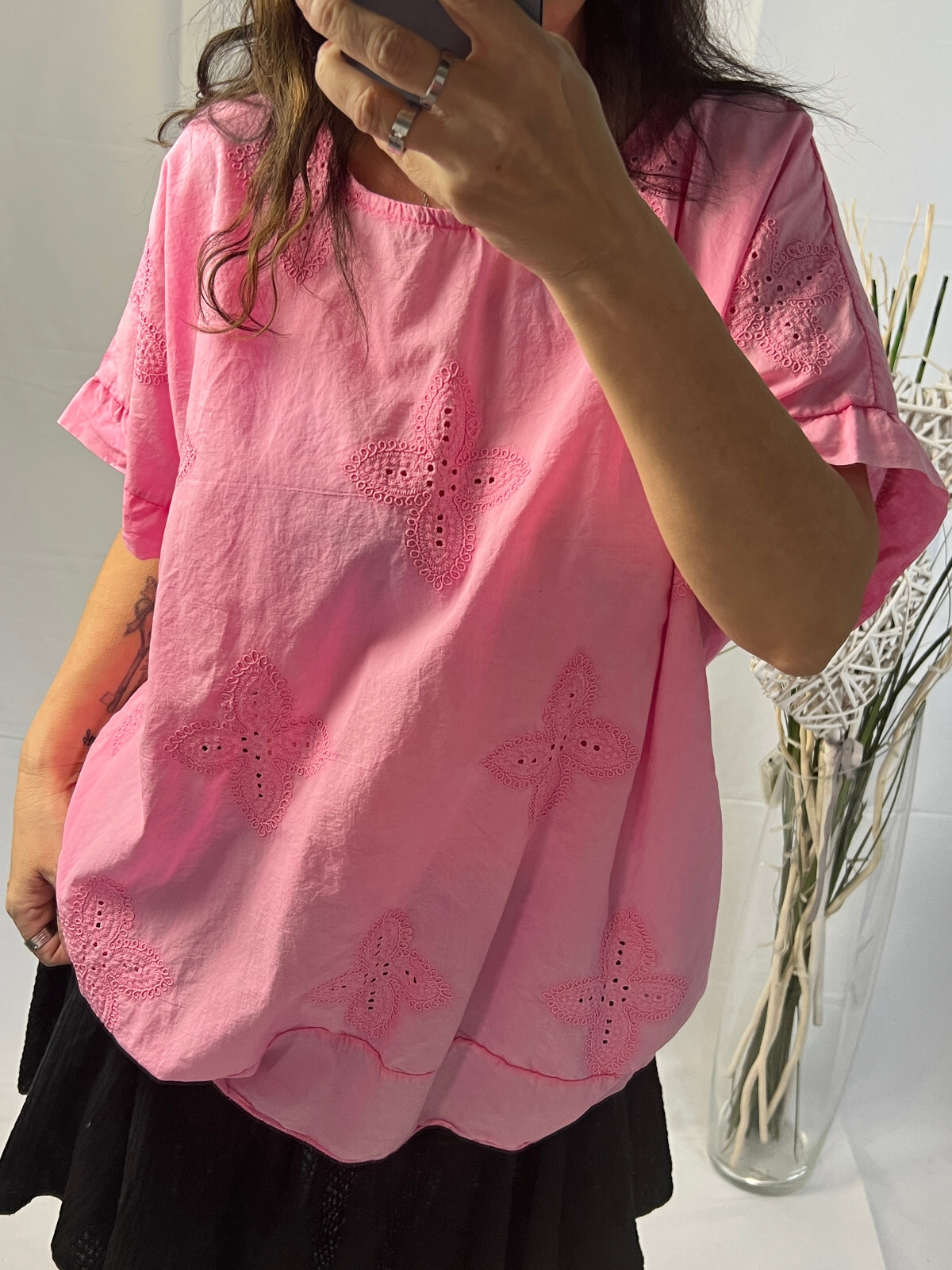 Italy new collection shirt blouse pink wash blogger size 38 40 42 44 eyelet embroidery