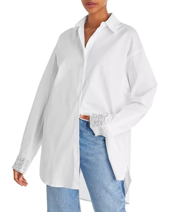 Lucy Paris L65821 Womens White Sequin Cuff Button Front Shirt Size S