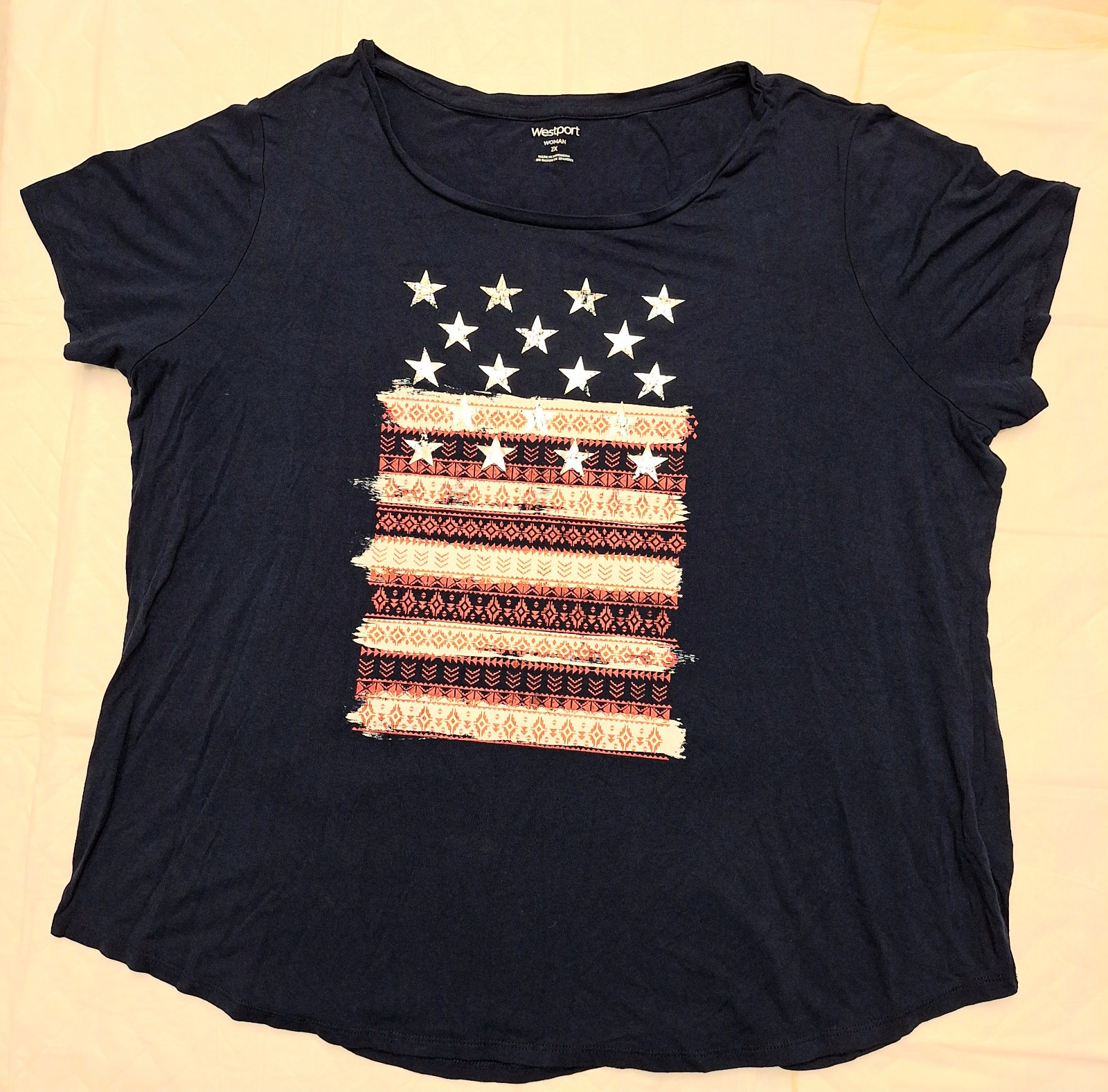 Women’s Westport Patriotic Shirt Navy Blue Flag & Stars Size 2X