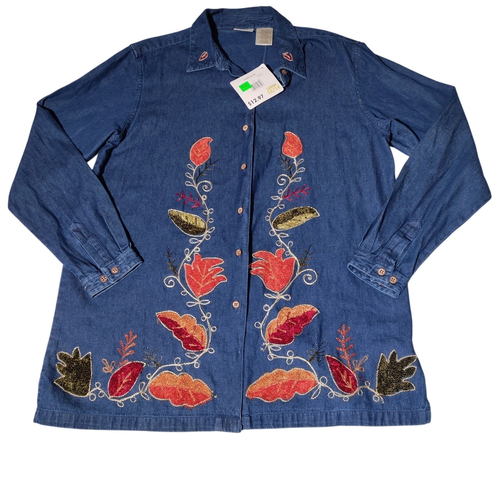 Bobbie Brooks Womens Denim Shirt Blue Floral Embroidery Button Down Size L NWT