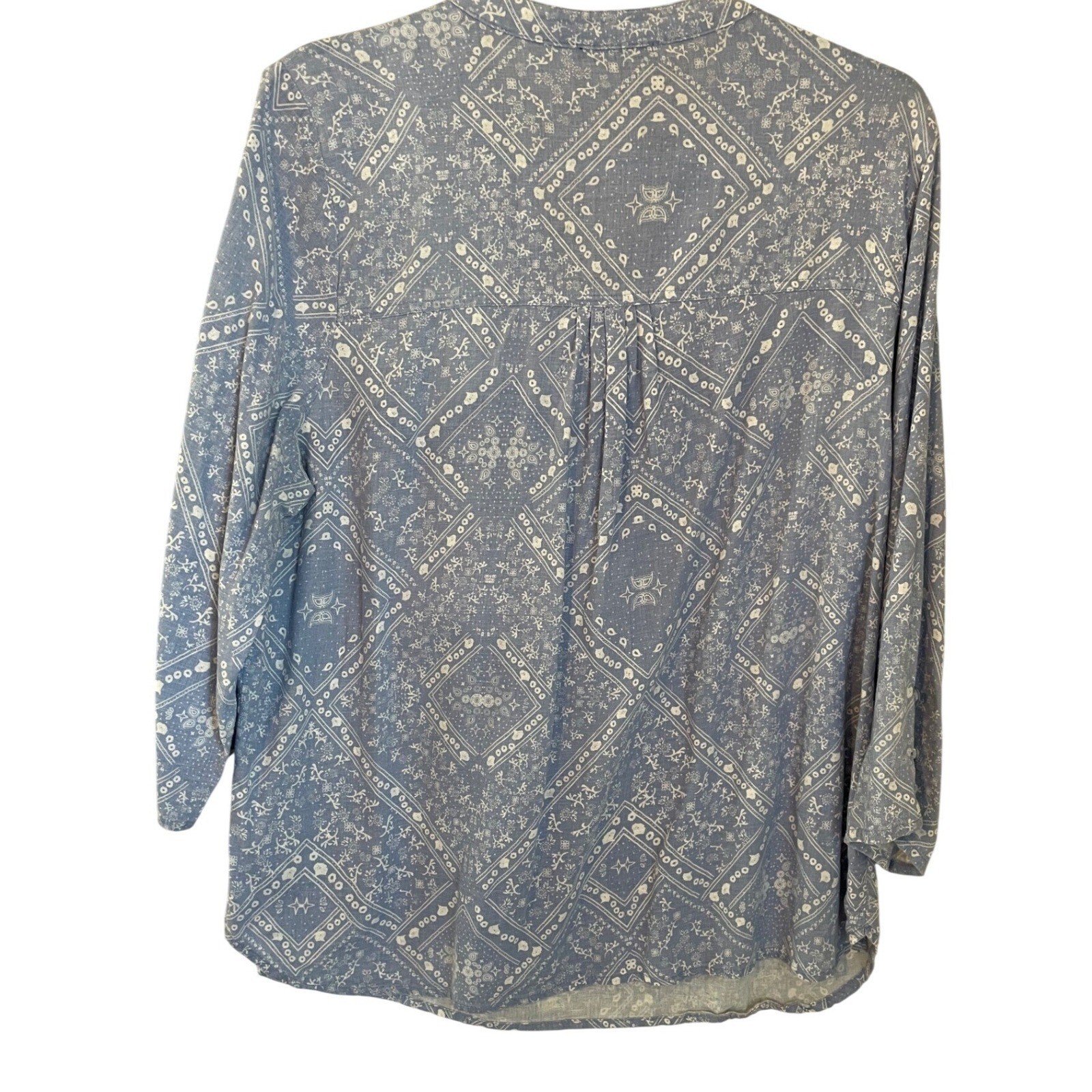 Anne Carson Blue Bandana Print Linen Blend Tunic Blouse Size 1X Western Boho