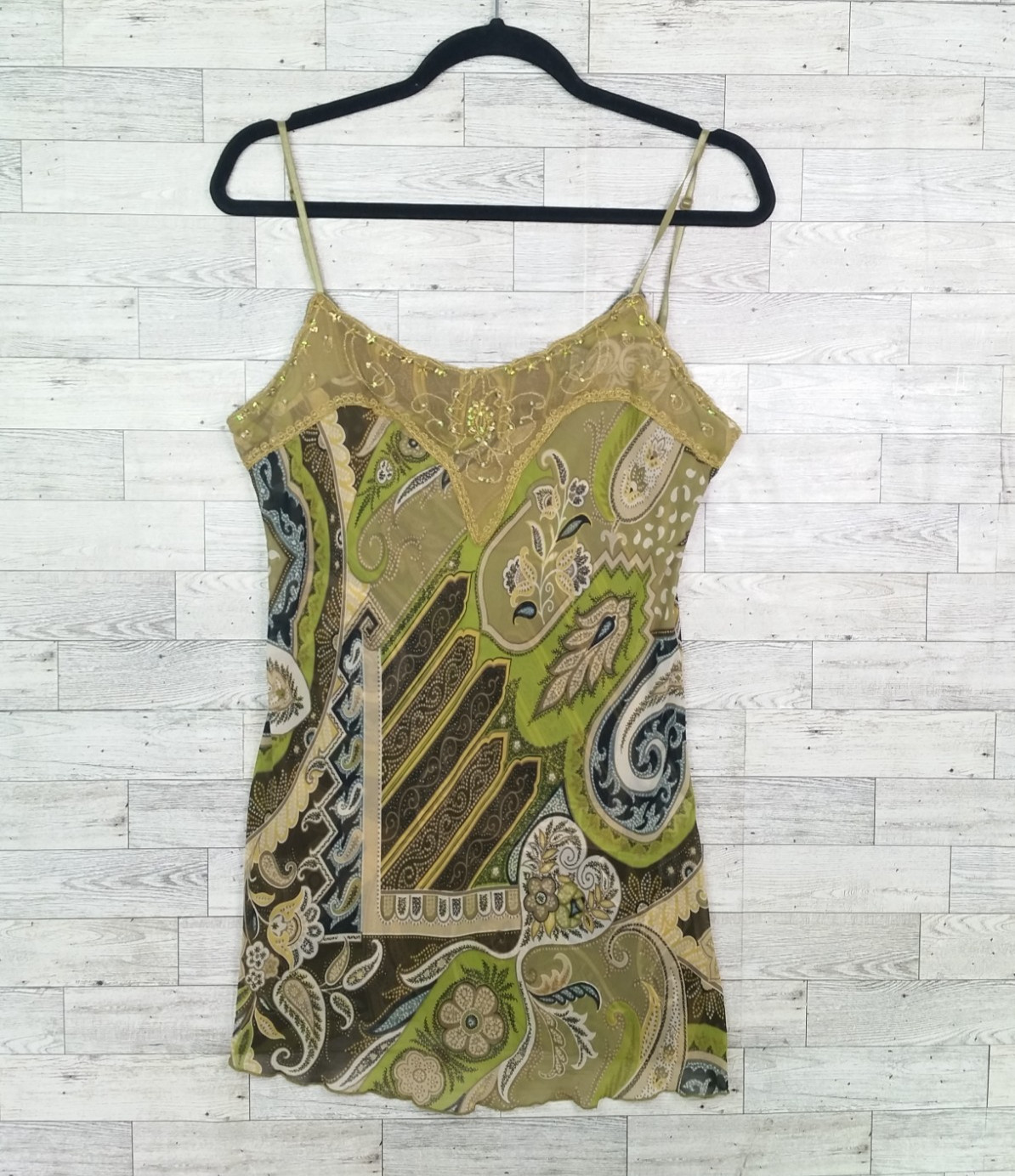 Y2K Moa Moa Babydoll Top 2000s Paisley Cami Top Lace Size Large L Women’s Green