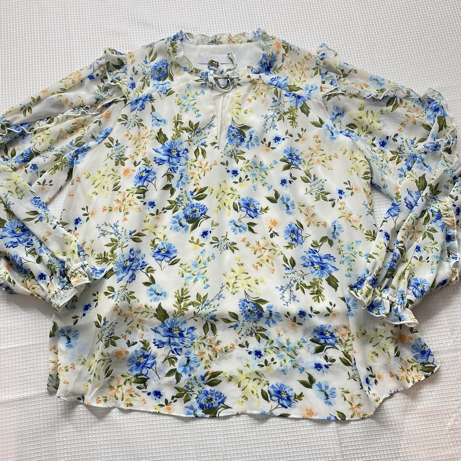 Sugar Lips Blouse Womens Small Balloon Sleeve Blue Floral V-Neck Ruffle Top