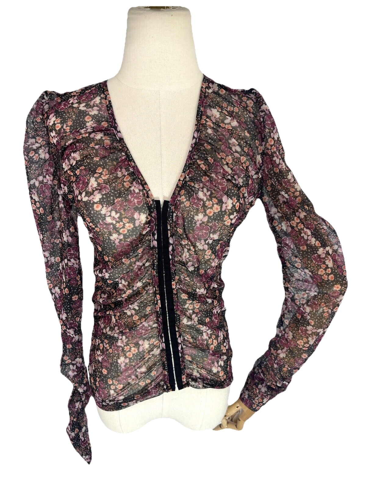 By Anthropologie Black Floral Semi Sheer Hook Eye Front Top Small Whimsygoth