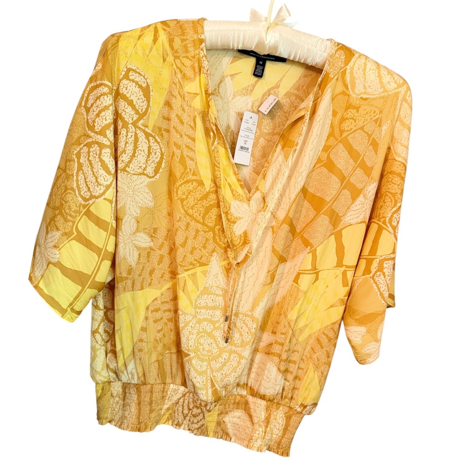 White House Black Market Smocked Hem Tropical Print Blouse Top NWT M