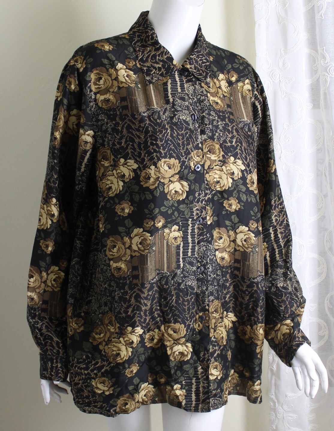 STUNT Sz L 10 12 Vintage Romantic ROSE FLORAL Art Silk Blouse Tunic Shirt Top