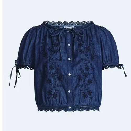 FREE ASSEMBLY Embroidered Denim Crop Top Sz XL Dark Wash Indigo Button Front NWT