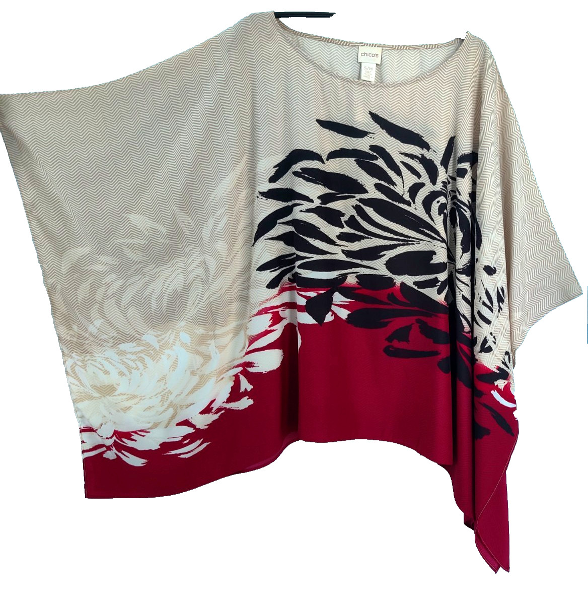 Chico’s S/M Poncho Cover Up Top Blouse Shirt Abstract Print Black Tan Brick Red
