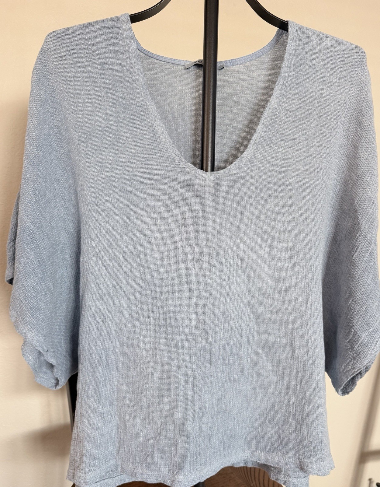 Meo Meli Blue Solid Linen V-Neck Dolman Short Sleeve Pullover Women’s Blouse M