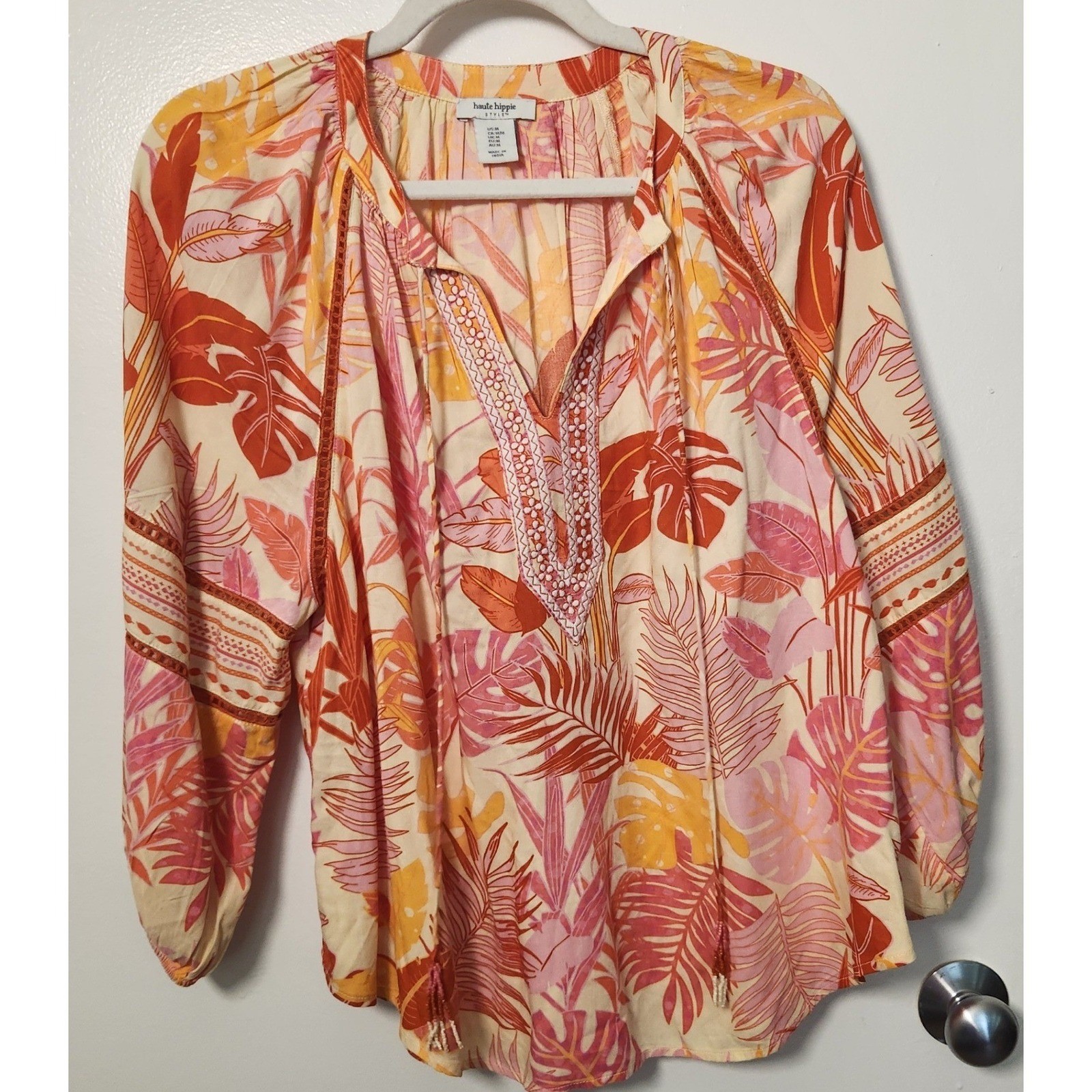 Haute Hippie Women’s Tunic Med Tropical Print Embroidered Crochet Beaded Tassels