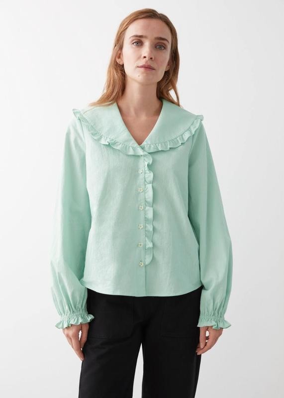 & Other Stories Women’s Green Collared Cotton Blouse Eu 36 / UK 8 ruffle