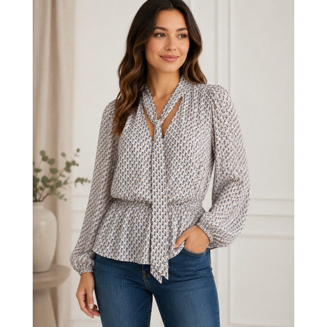Fashion Nova Velina Balloon Sleeve Tie Neck Peplum Top Blue Combo Plus Size 1X