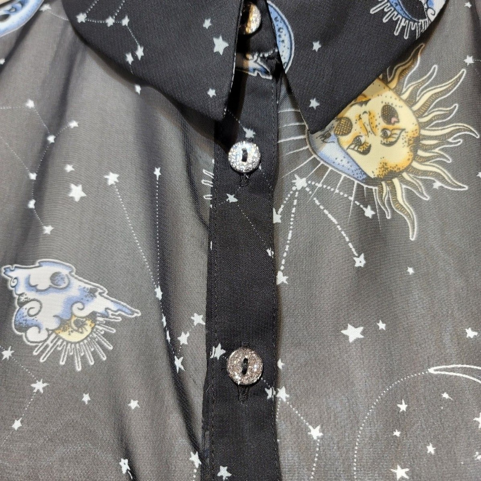 Hell Bunny Blouse Celestial Sun & Moon Sheer Button Up Blouse Size M Witchy Goth
