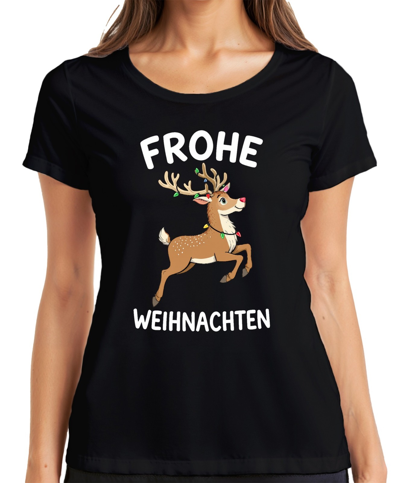 MERRY CHRISTMAS Reindeer String Lights Cute Kids Gift Ladies T-Shirt
