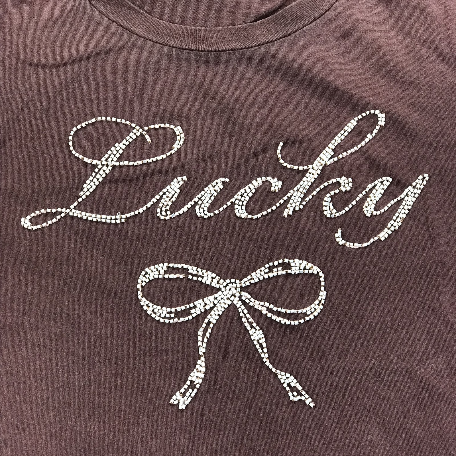 Lucky Brand Shirt Womens Small Brown Lucky Rhinestone Bow Graphic Tee Top NWT