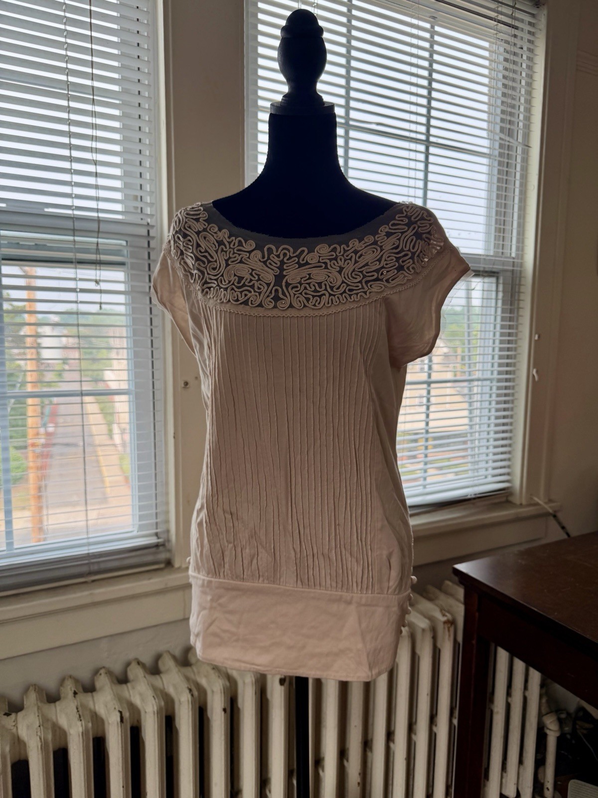 Free People Beige Cap Sleeve Pleated Blouse with Rhinestone Mesh Yoke