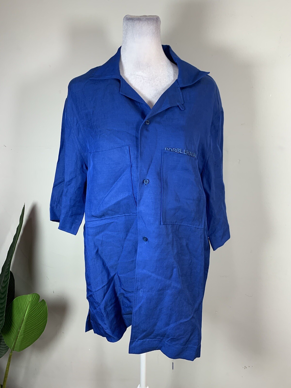 Bobblehaus WOMENS Solid Blue Half Sleeve Button Up Shirt, Size S