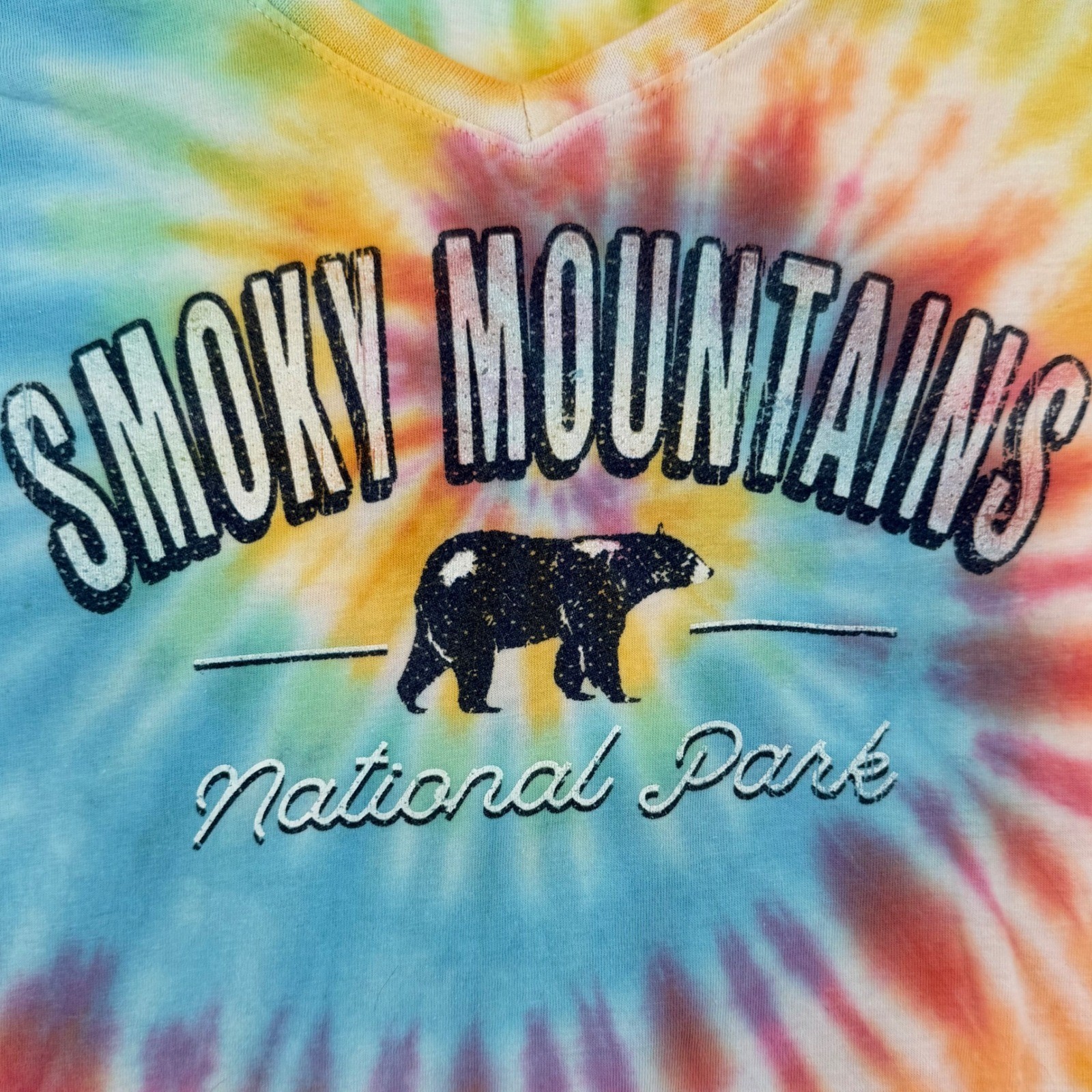 Smoky Mountains National Park Bear Rainbow Tie Dye V-Neck T-Shirt Women’s Medium