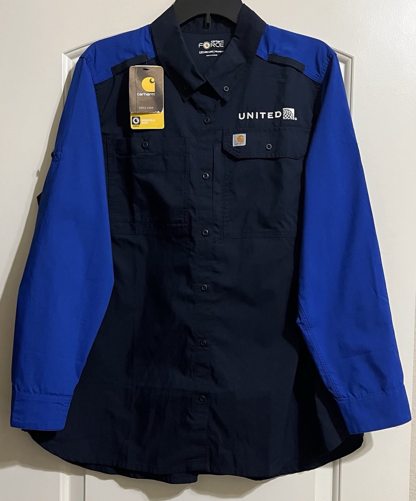 NEW Carhartt Women’s Blue UNITED AIRLINES Button Up OR Roll Tab Shirt 1X 16W 18W