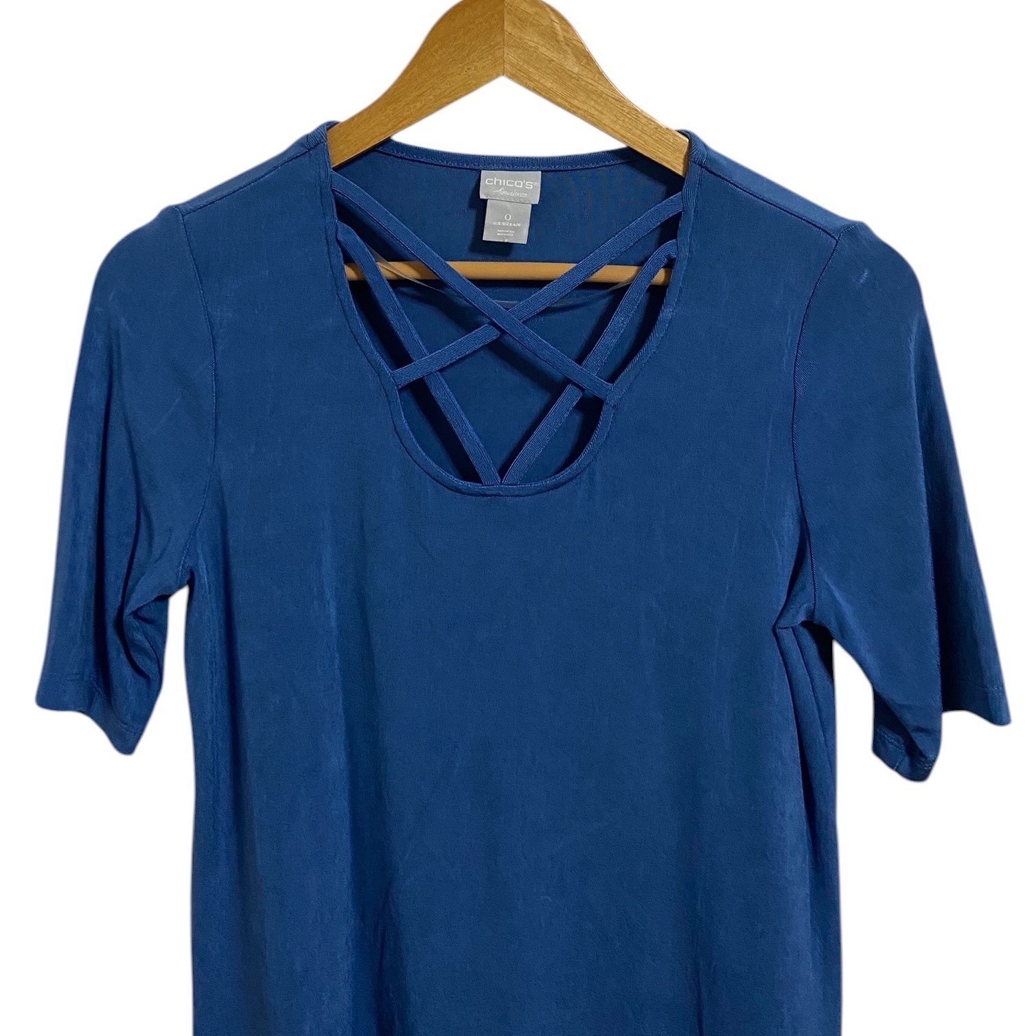 Chico’s Travelers Cobalt Blue Strappy Lattice Neck Slinky Top Career 0 US 4/6