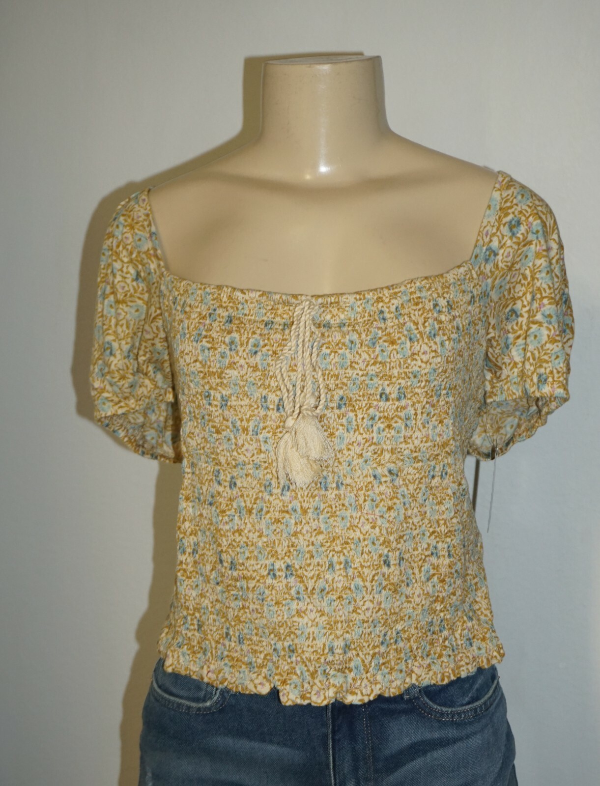 NWT WOMENS LUCKY BRAND GOLD MULTI COTTON SQUARE NECK SMOCKED TOP SIZE XL