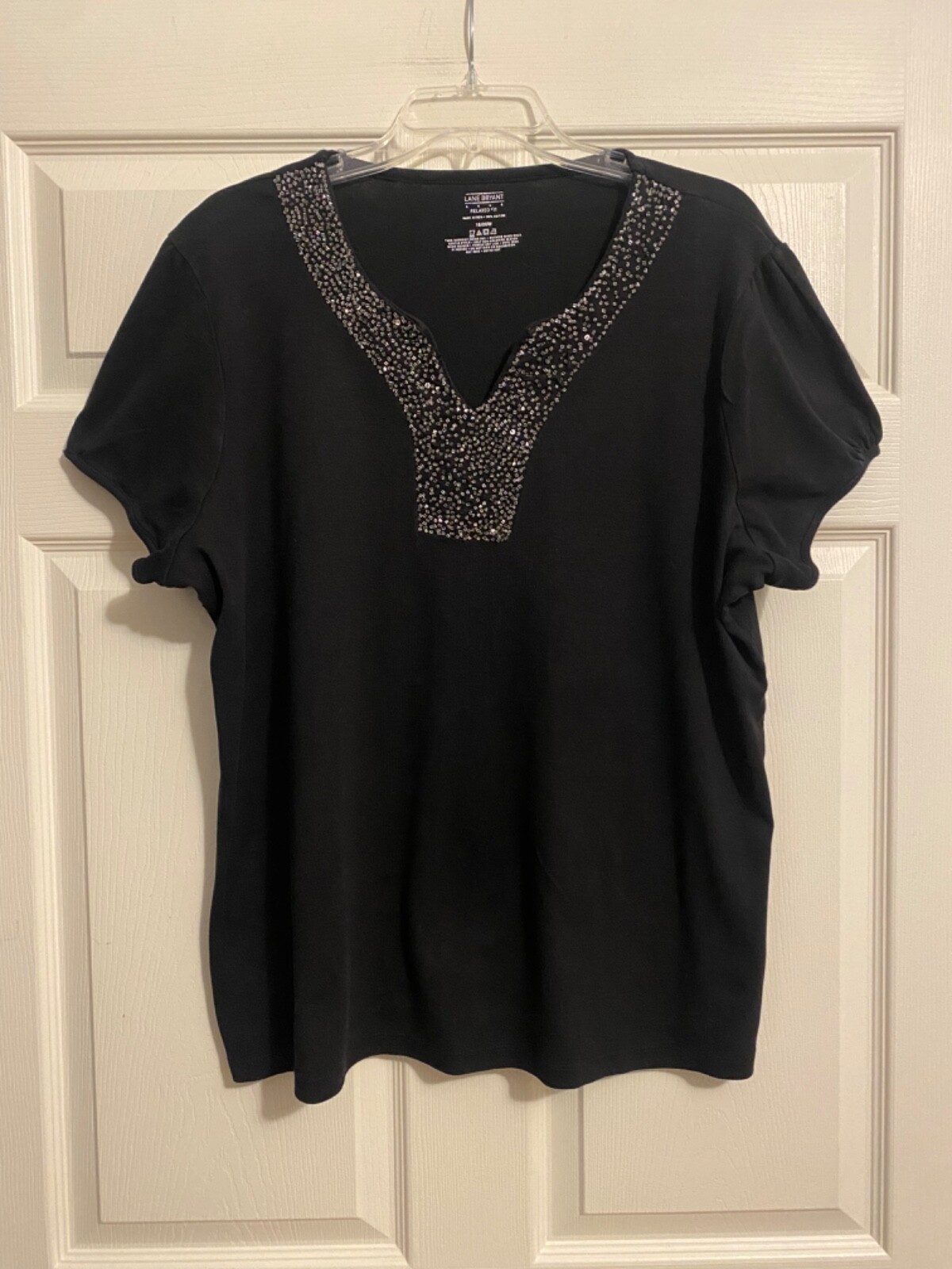 Lane Bryant ~ Black Embellished Beaded V-Neck Short Sleeve Knit Top Sz 18/20W