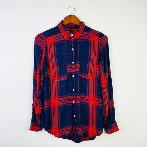 Mossimo Boyfriend Fit Flannel Plaid Button Down High Low Reddish Orange Navy S