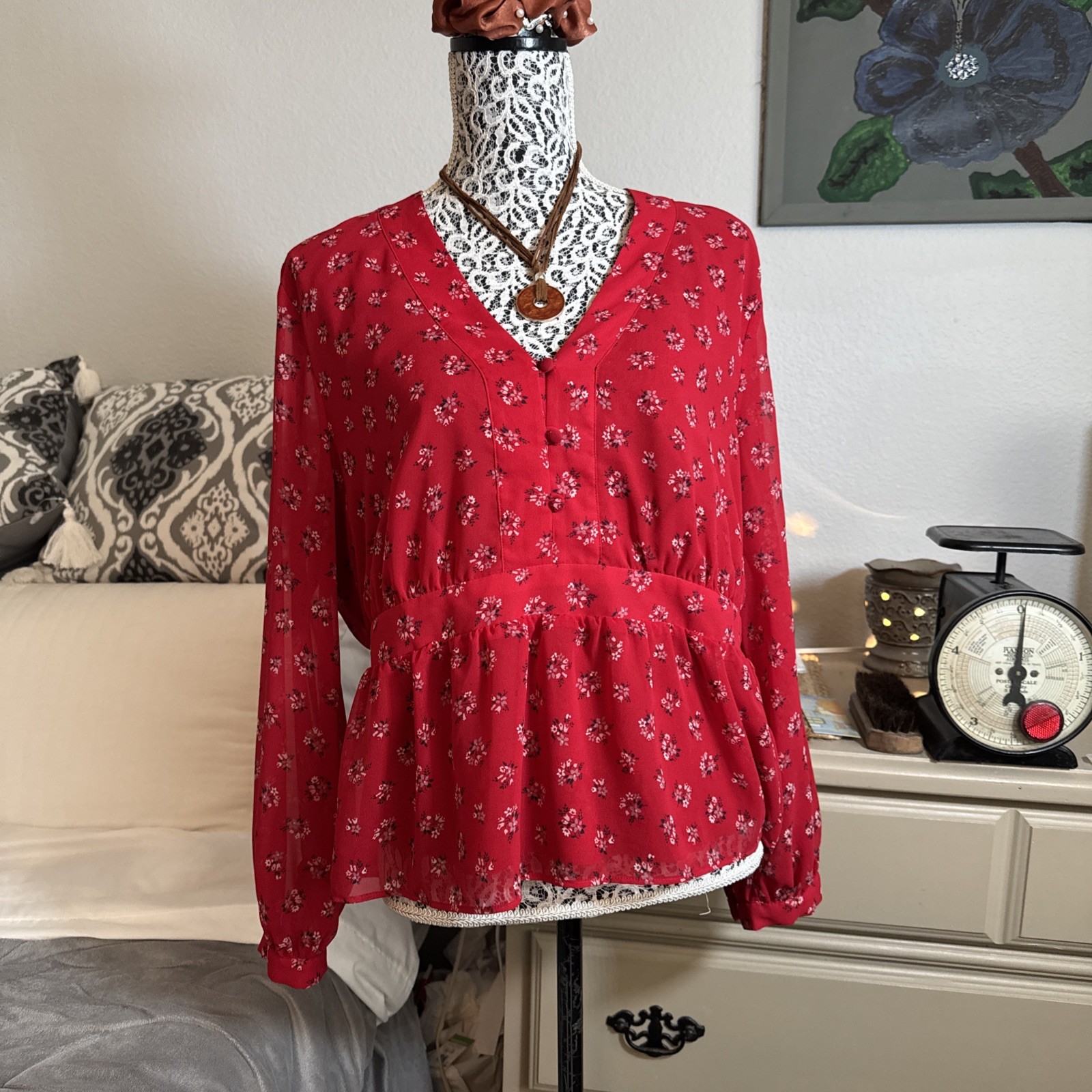 Madewell Red Little Lilies V-Neck Henley Peplum Chiffon Floral Blouse Size XL