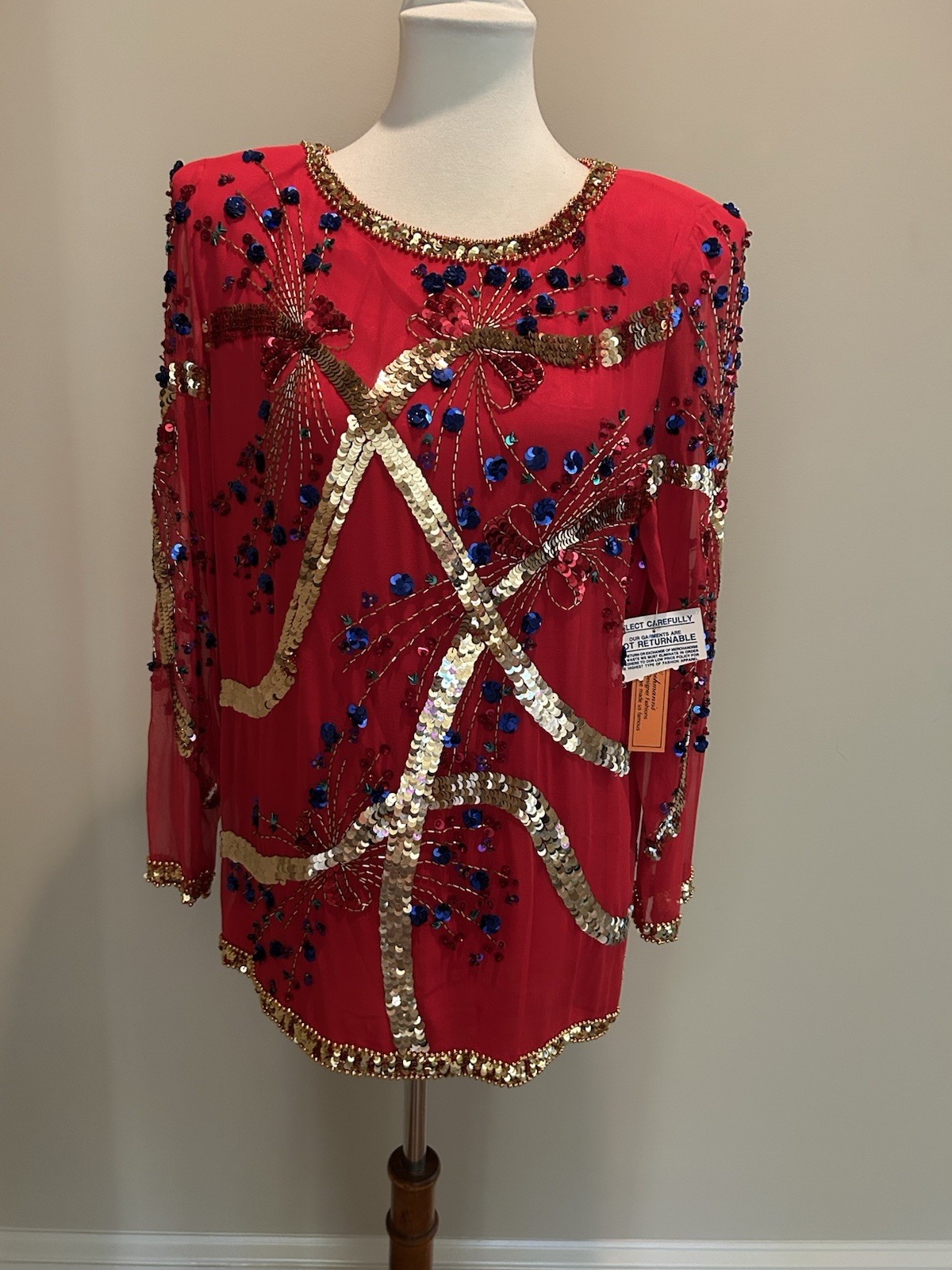 Vintage Women’s Red Silk/Rayon Sheer Blouse L Beaded Sequin Embroidered NWT