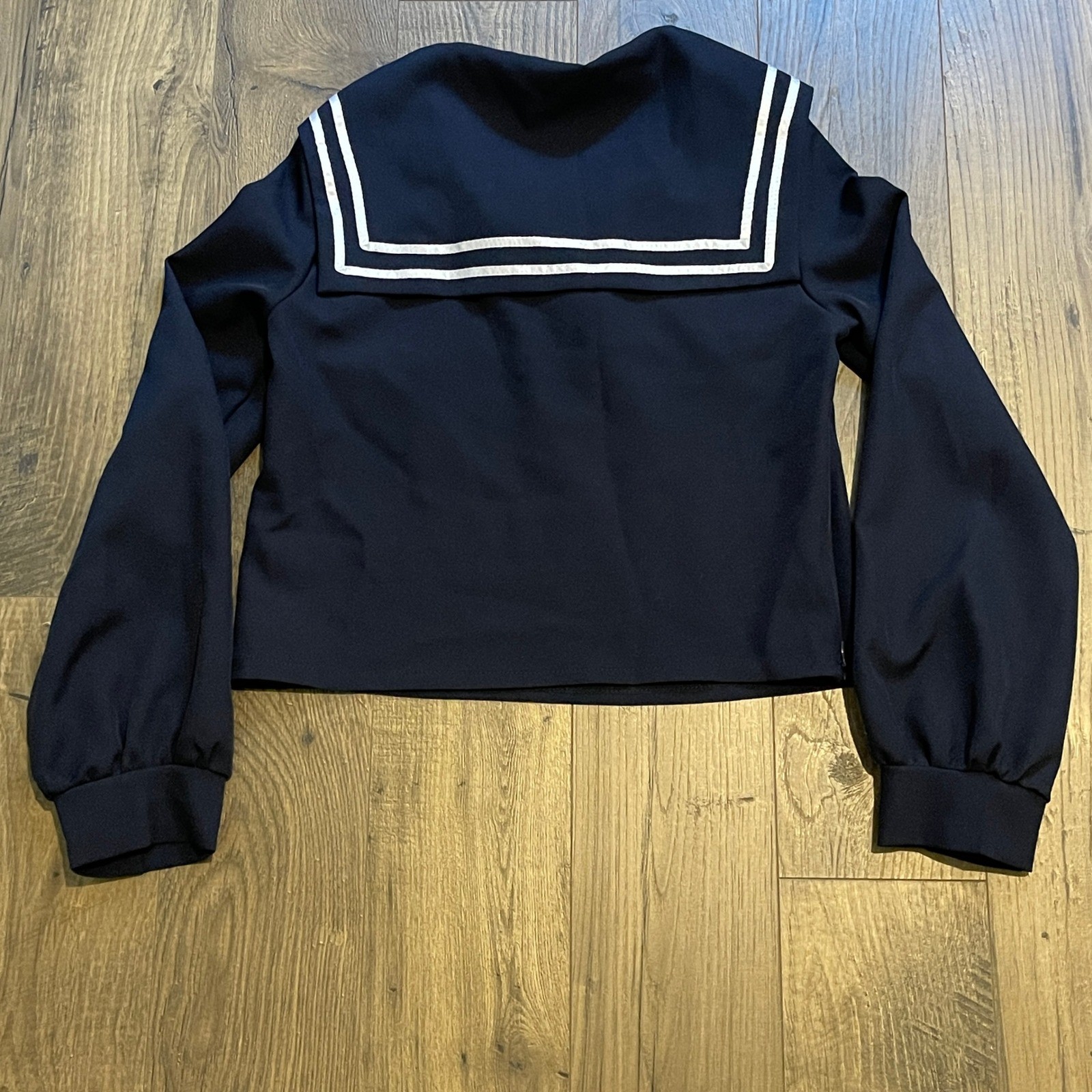 Navy Blue Sailor Collar Blouse White Nautical Stripe Long Sleeve Side Zip Top