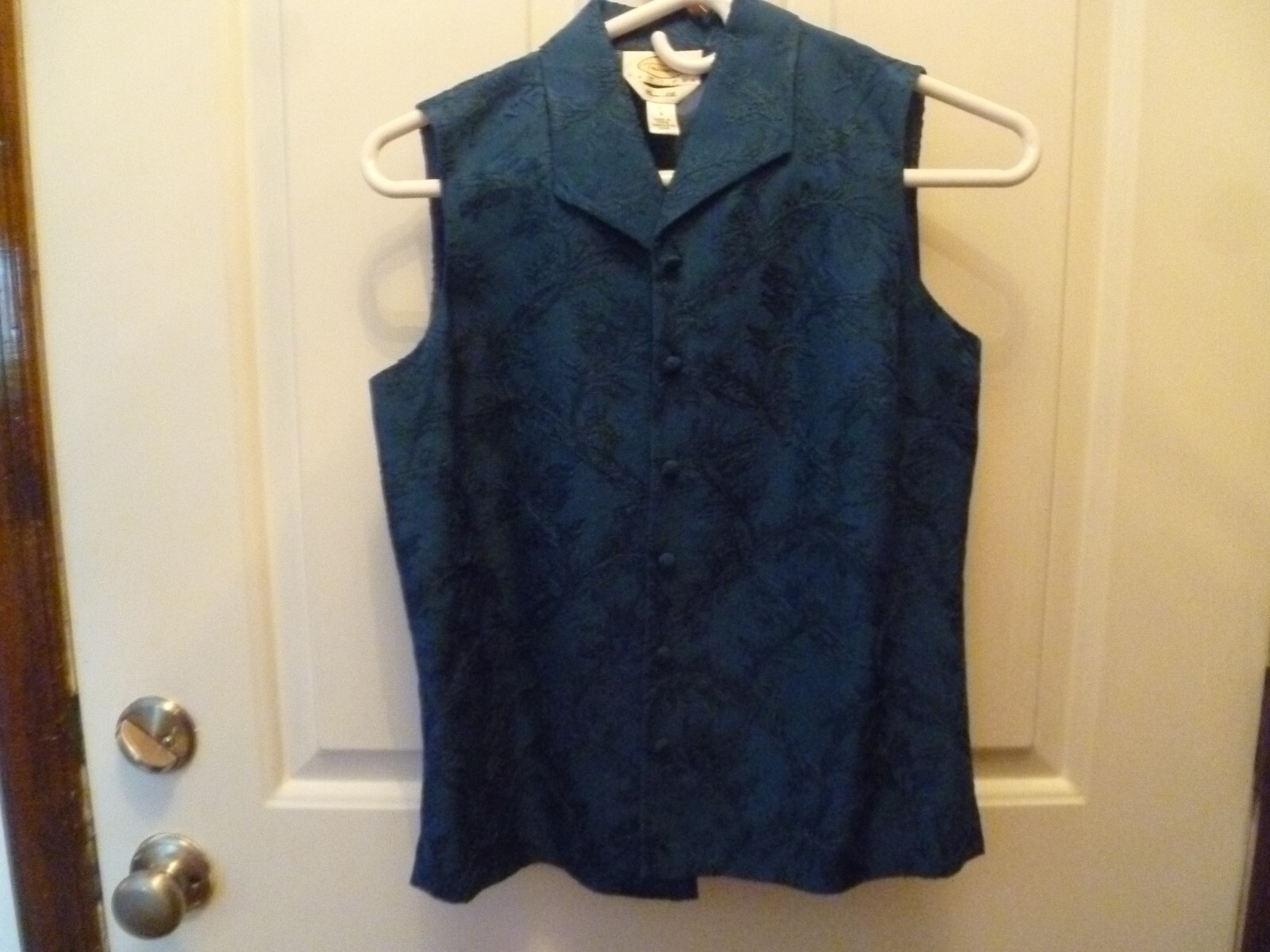 Talbots petites pure silk 4 collared button vest teal embroidered sleevless