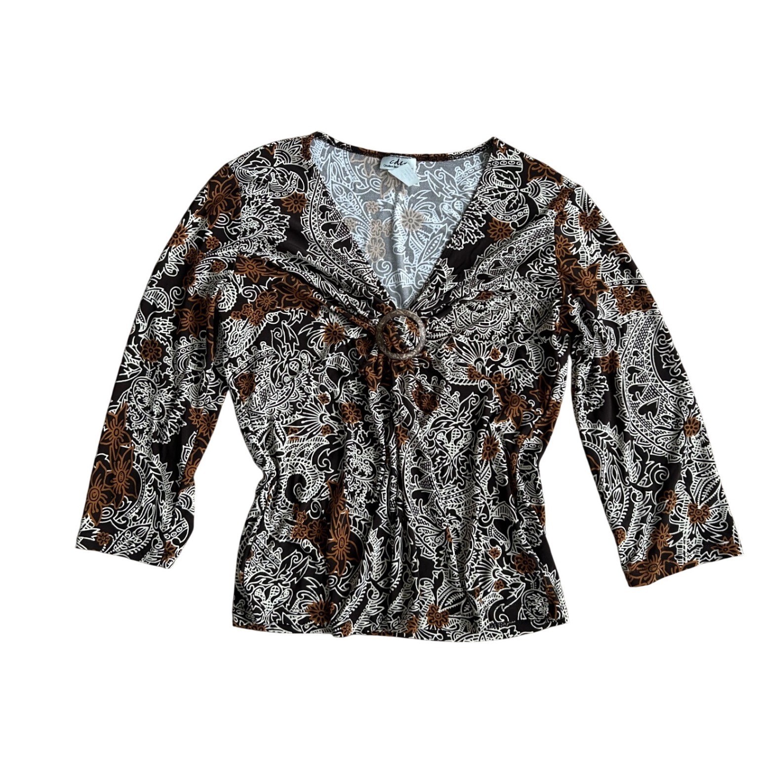Vintage Paisley V-Neck Ring Top Brown White Medium boho hippie festival