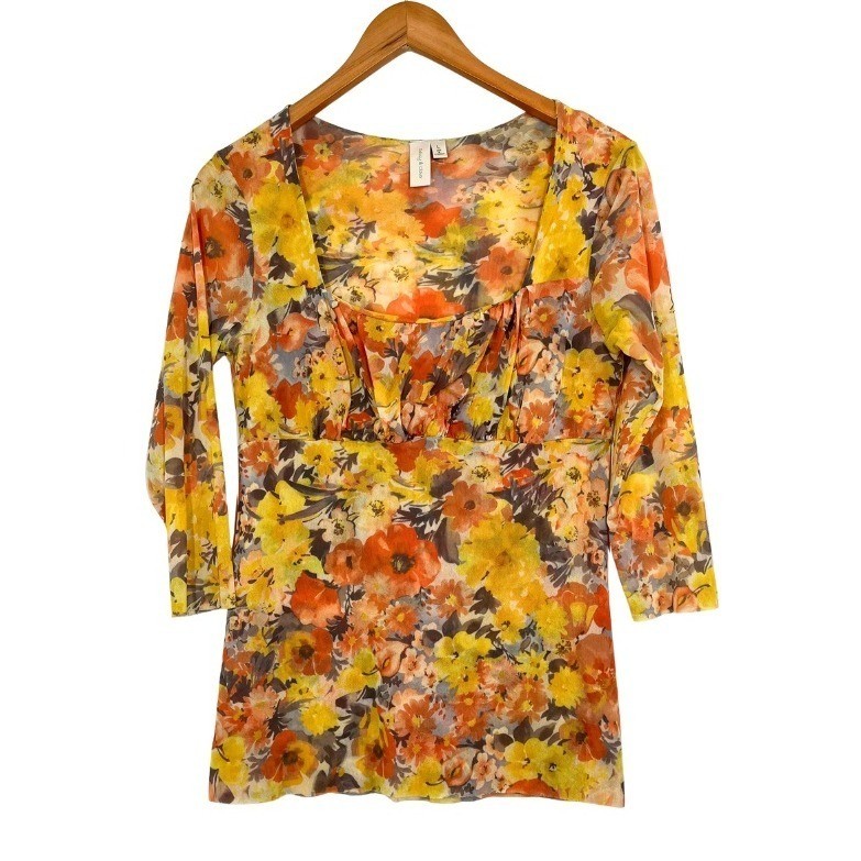 Daisy & Clover Floral Mesh Tunic Top L Y2K Empire Waist 90s Babydoll Lined