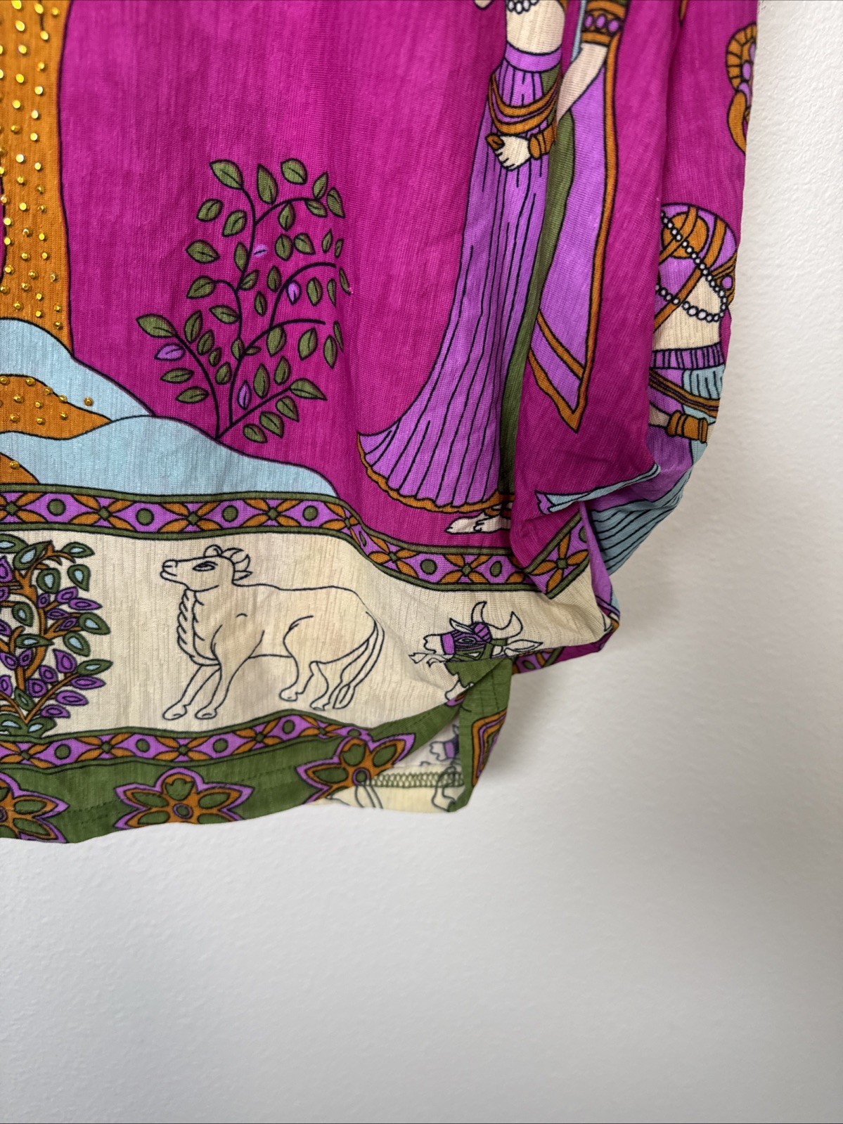 Tree of Life Silk Blouse Kalamkari Madhubani India Lady- Birds -Cow Gold Studded