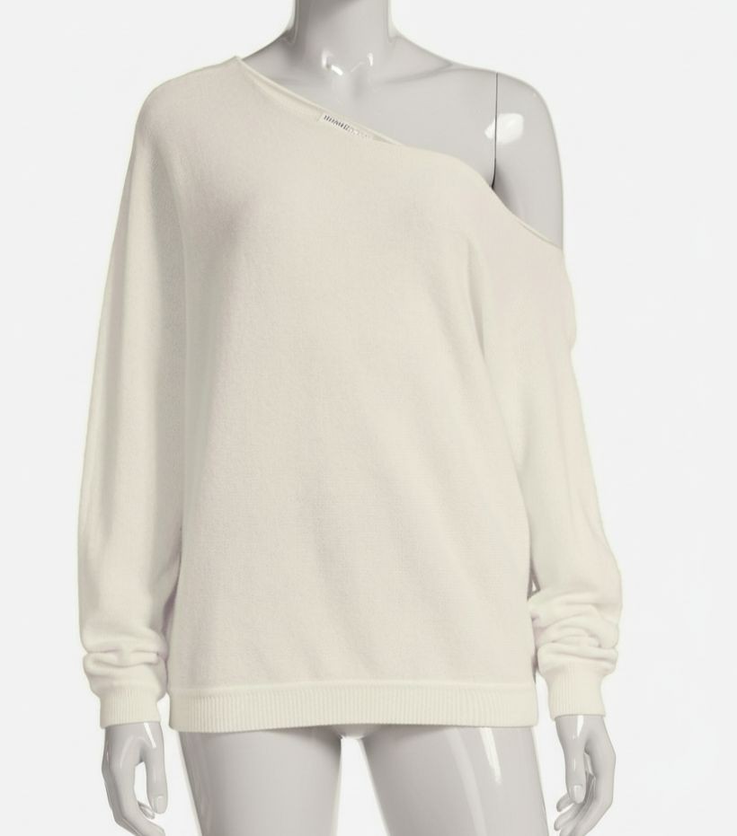 Minnie Rose Womens’ Ivory Asymmetric Off-The-Shoulder Cashmere Top Size S