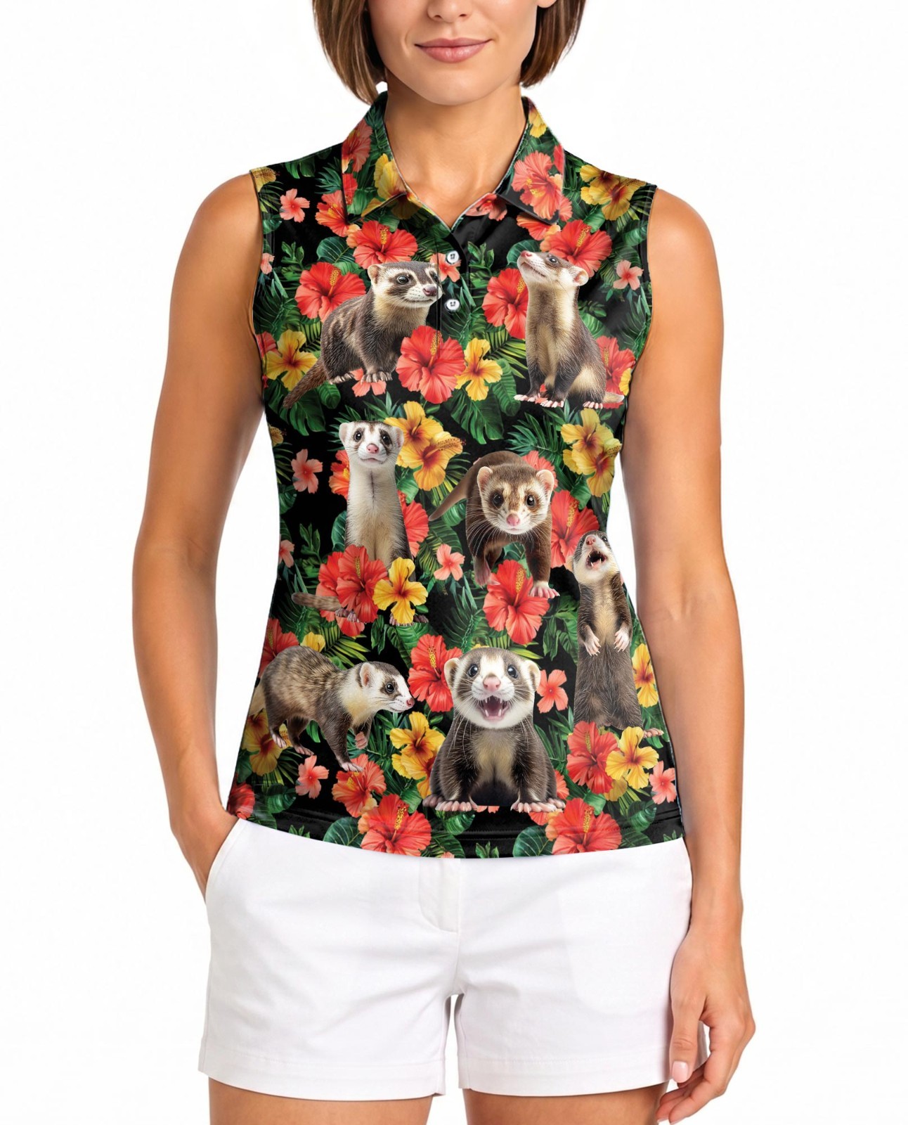 Women Sleeveless Polo Shirt Ferret Animal Tropical Floral Top