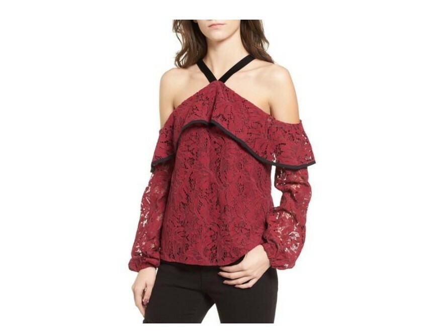 WAYF Women Helena Lace Top Blouse Burgundy Size S 3190