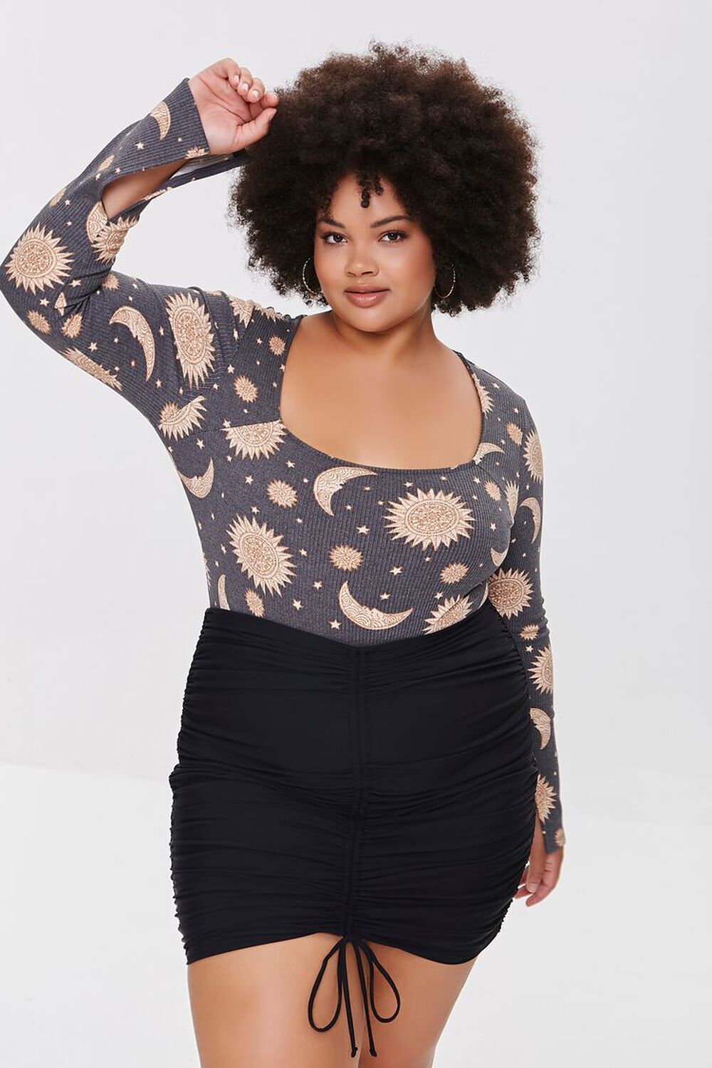 Celestial print bodysuit womens PLUS SIZE 3X stars sun moon goth witchy gray top