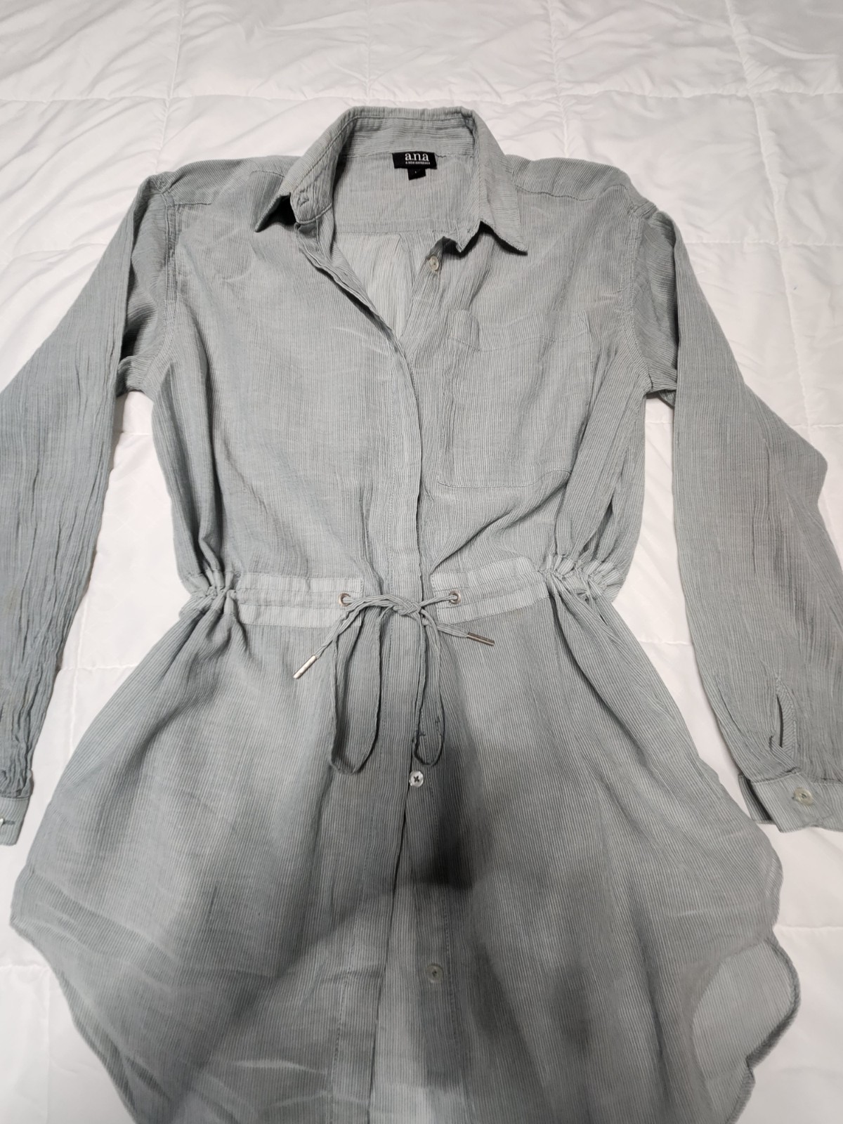 a.n.a Green Striped Woven Tunic Button-Up Collared Long Sleeve Drawstring M
