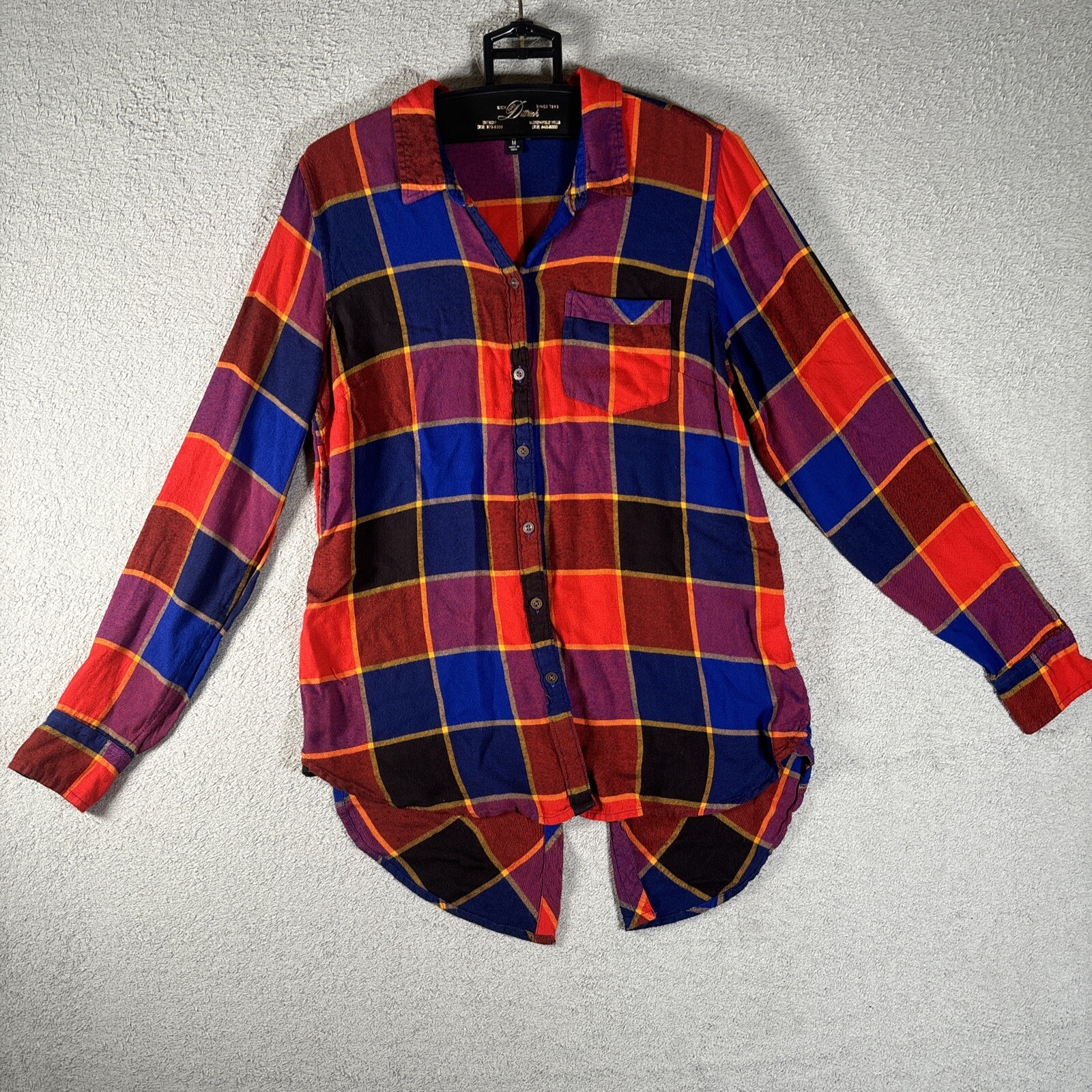 Lucky Brand Button Up Top Women’s Sz M Harlequin Plaid Lightweight Thigh Length