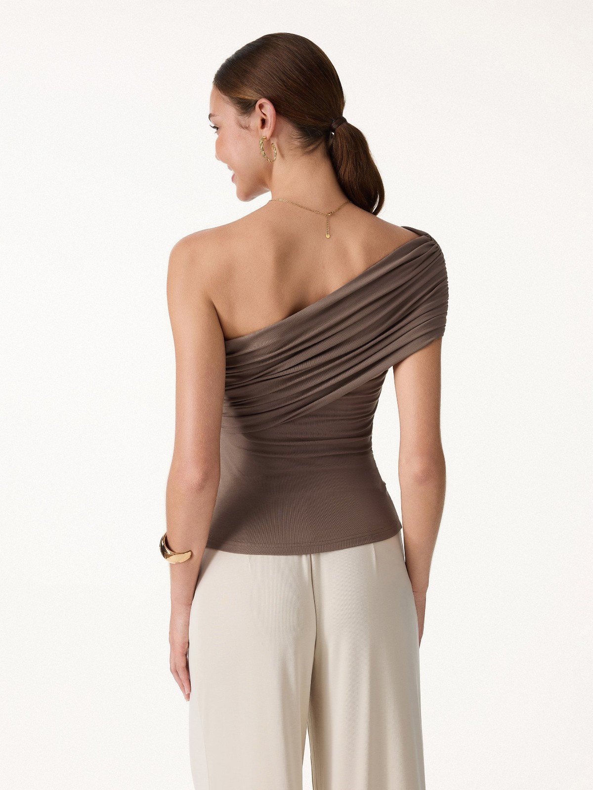 Women’s One Shoulder Gathered Bra Tank Top with Removable Pads, Chocolate Brown