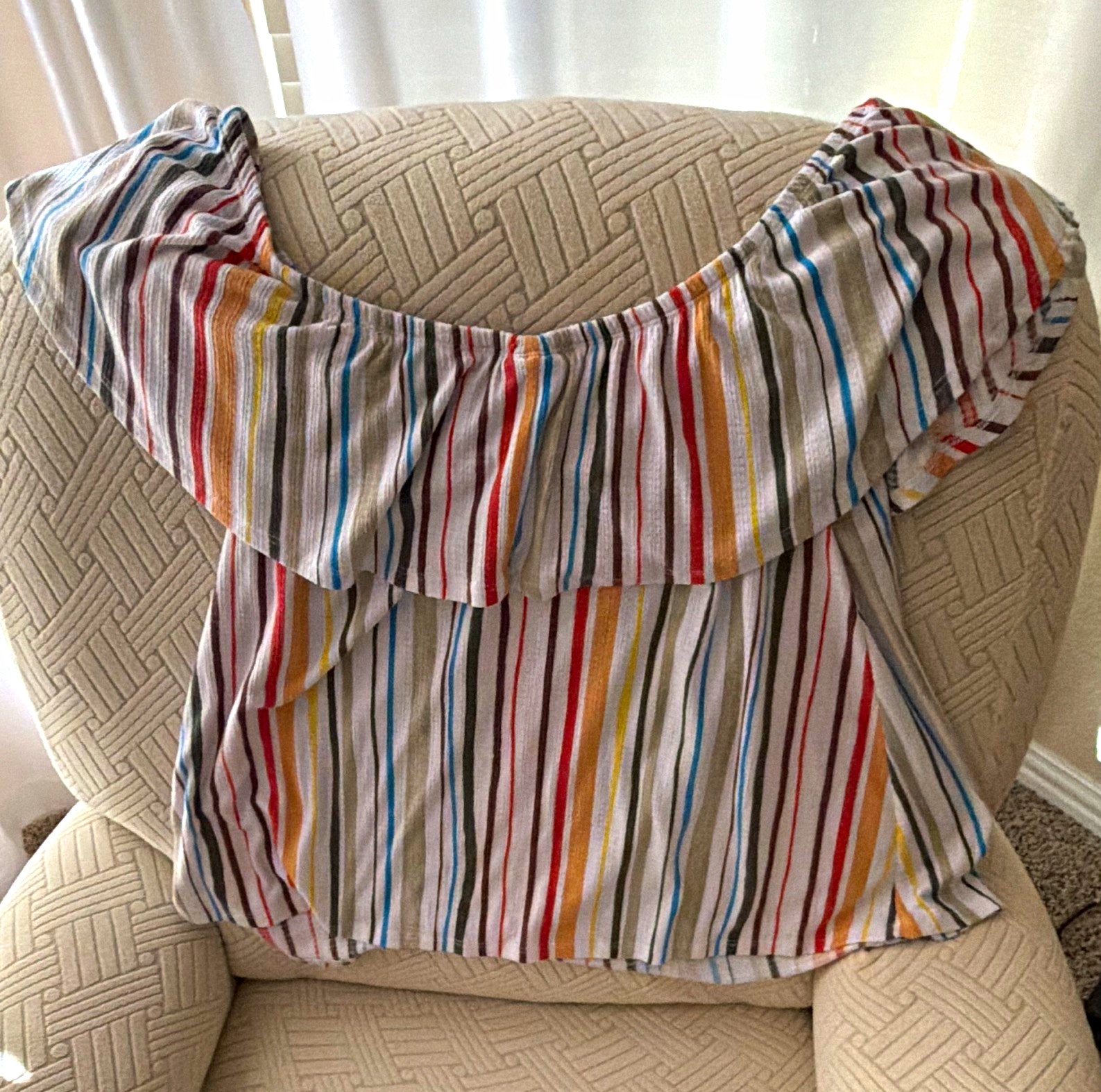 Torrid Women’s Multicolor Striped Knit Off Shoulder Ruffle Stretch Blouse 2