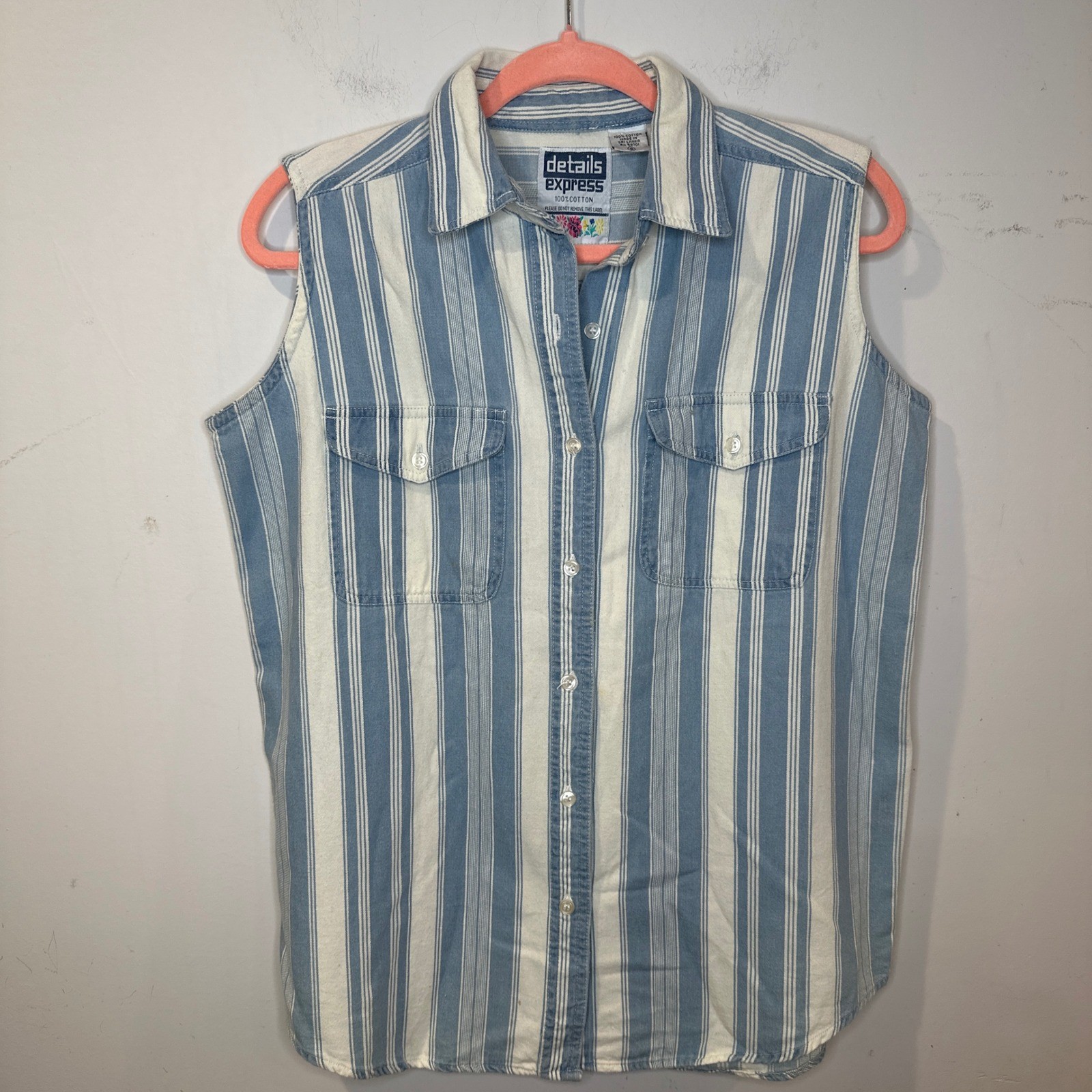 Vintage 90s Nautical Preppy White Striped Sleeveless Button Down Shirt Small
