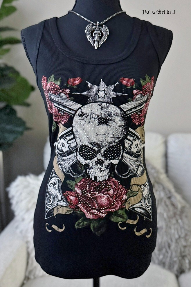 VOCAL Womens CRYSTAL BLACK SKULL PISTOLS ROSES TANK TOP SHIRT S M L XL 1X 2X 3X